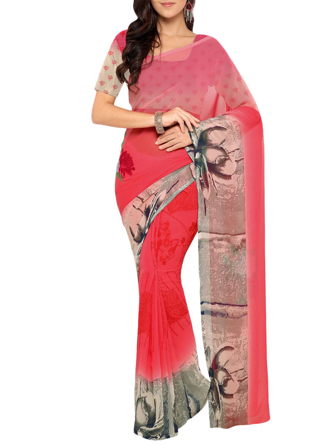 pink georgette printed saree with blouse