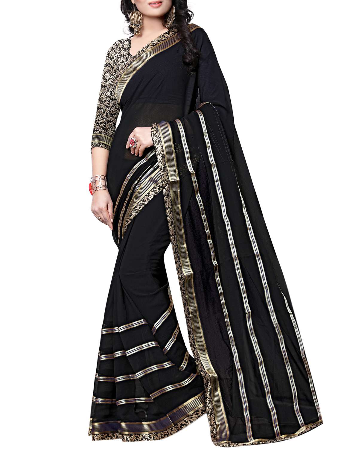 black chiffon bordered saree with blouse