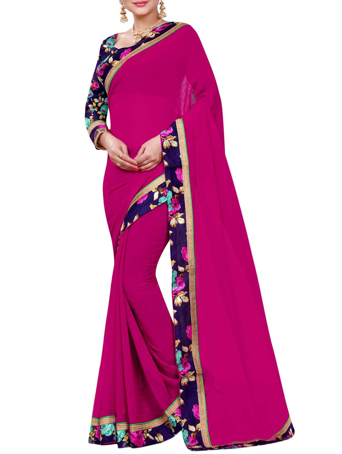women's bordered royal blue colored saree with blouse - 15118694 - Zoom Image - 0