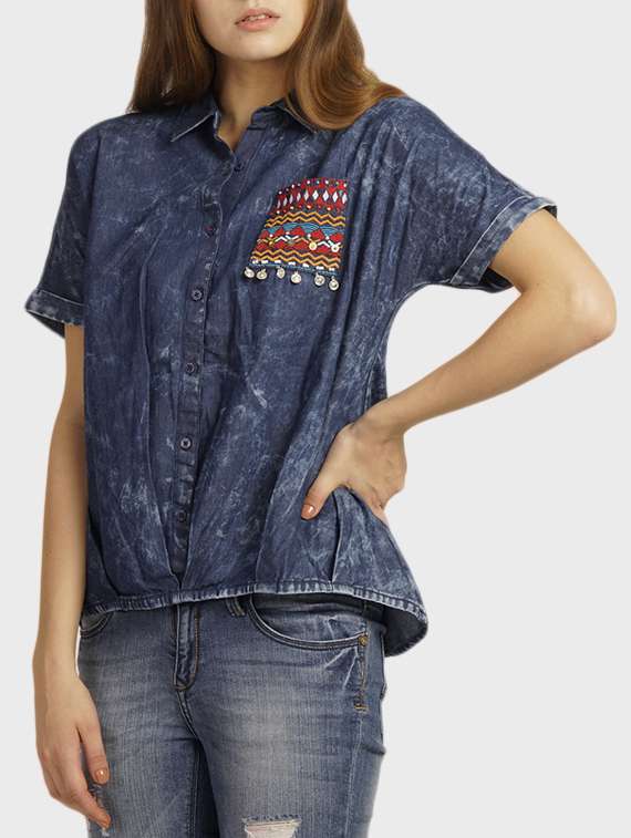 blue printed denim shirt