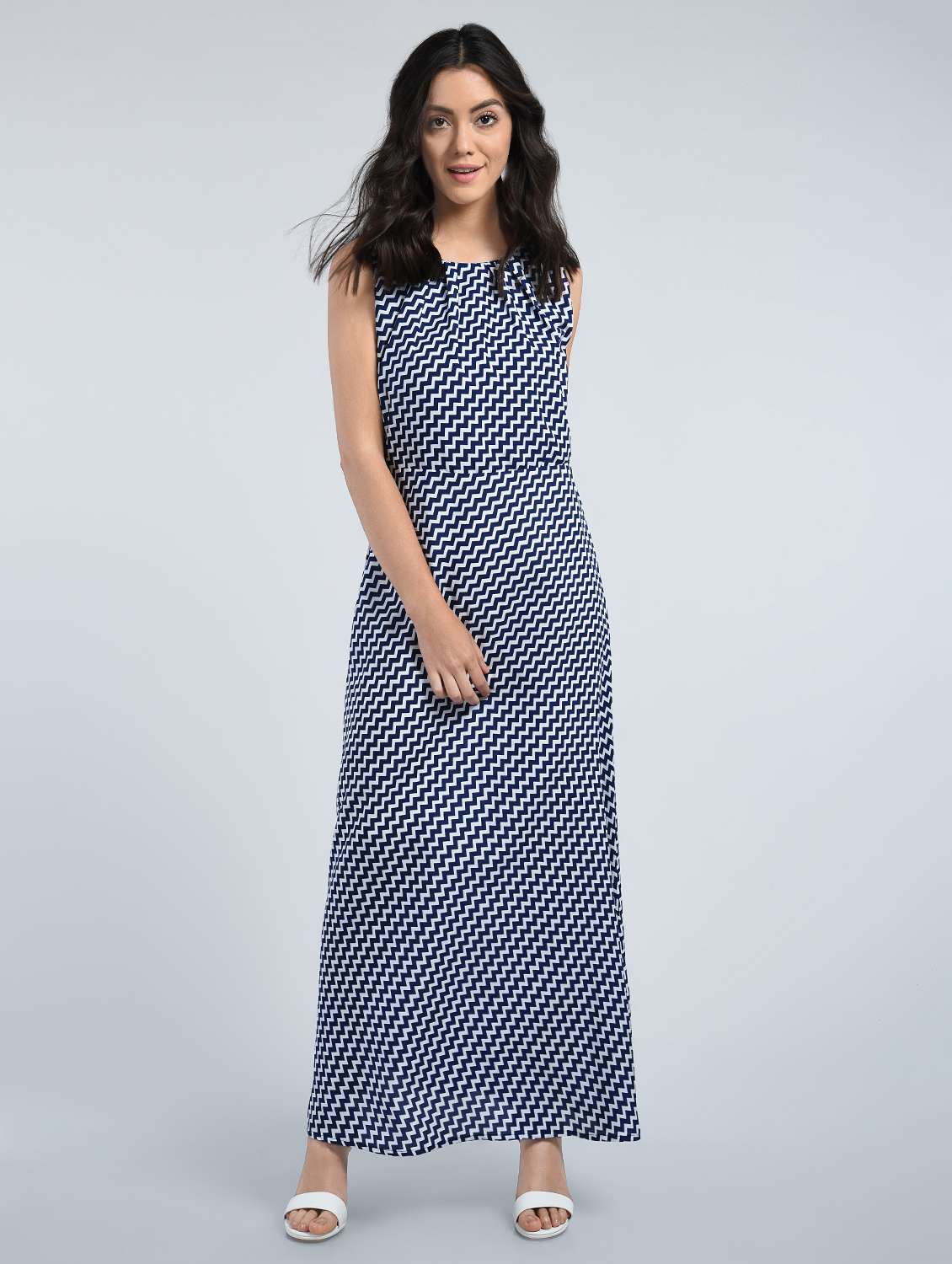 pleated neck chevron maxi dress