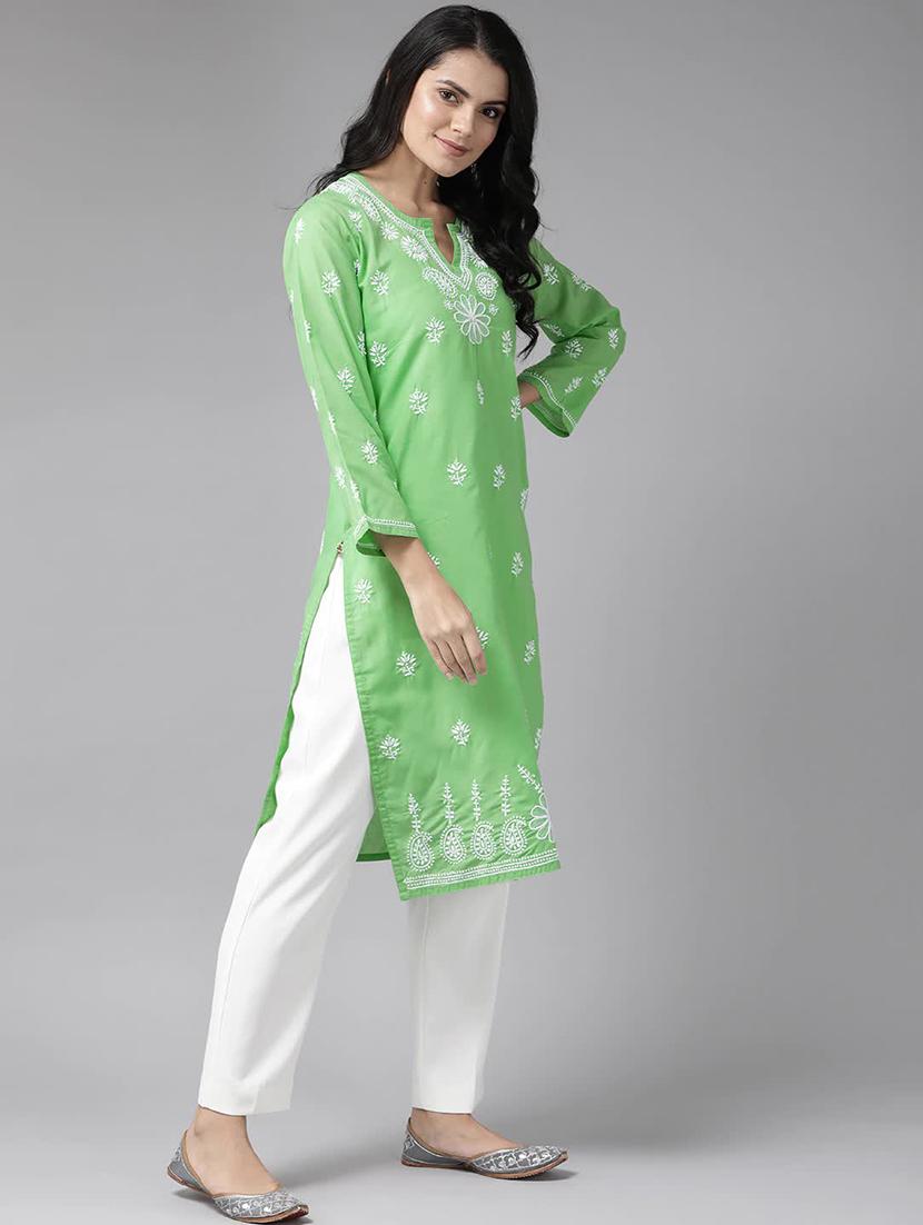 cotton women straight chikankari green kurta - 15132014 - Standard Image - 1