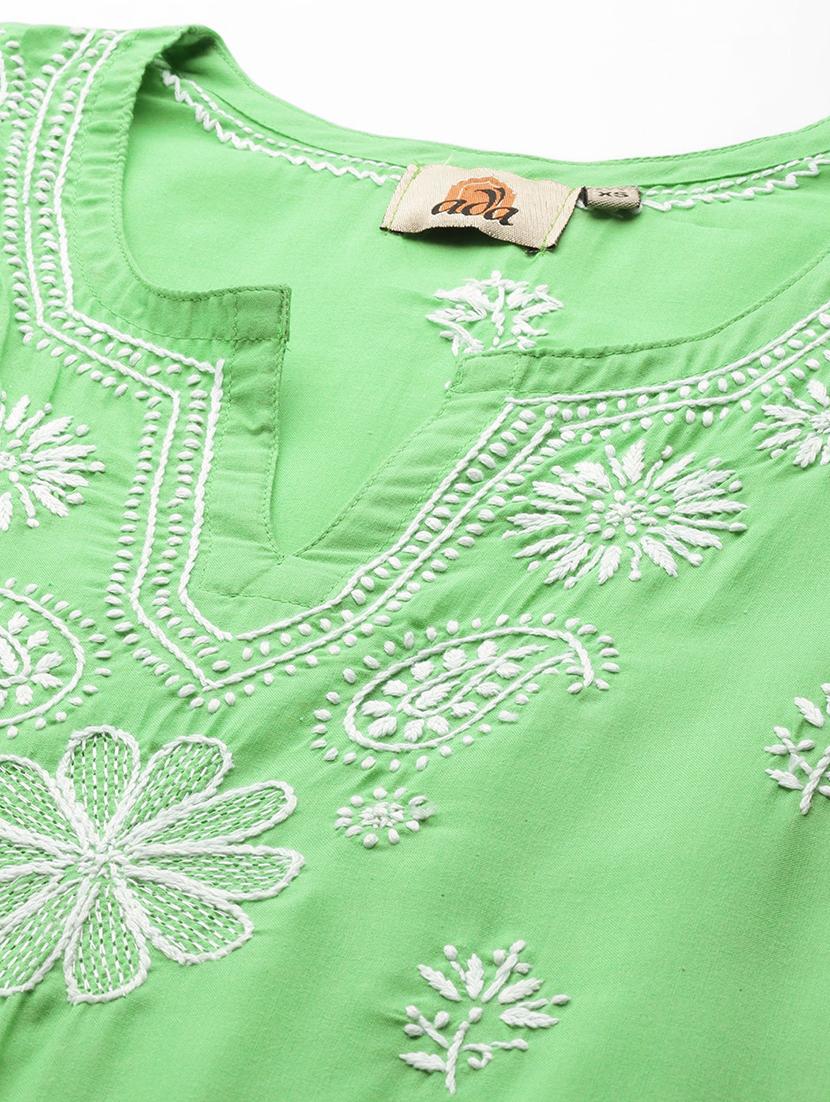 cotton women straight chikankari green kurta - 15132014 - Standard Image - 4