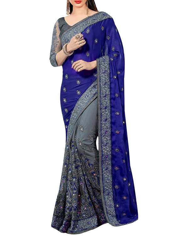 blue satin half and half saree with blouse