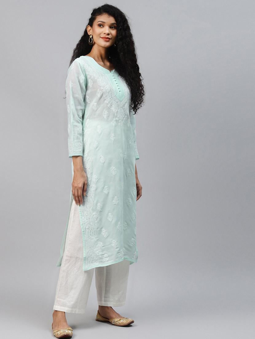 sea green cotton chikankari kurta - 15139266 - Standard Image - 1