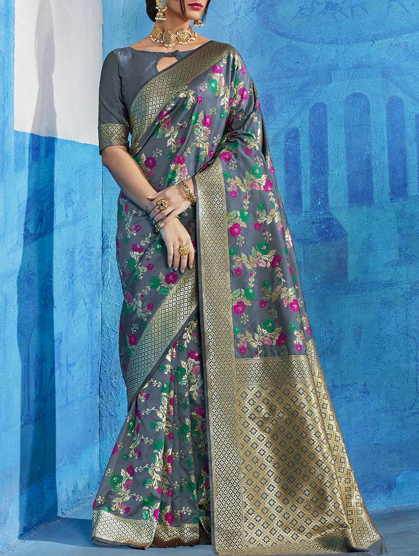 grey silk blend banarasi saree with blouse