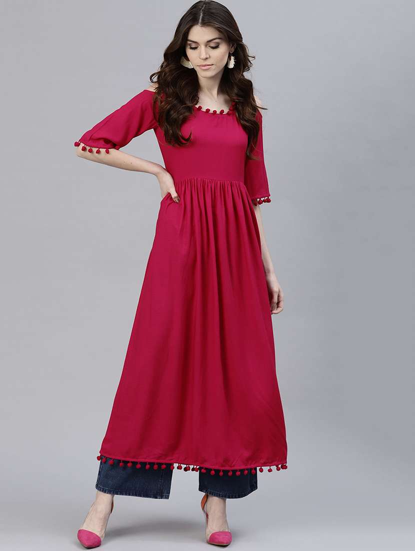 pom pom solid flared kurta