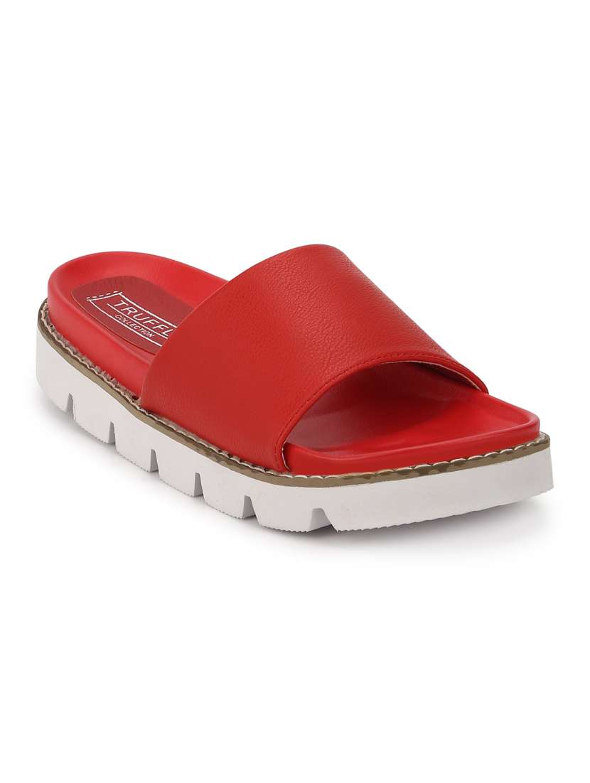 red patent leather slides