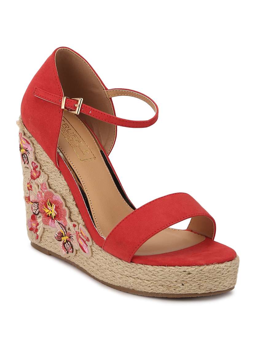 red micro embroidred ankle strap wedges