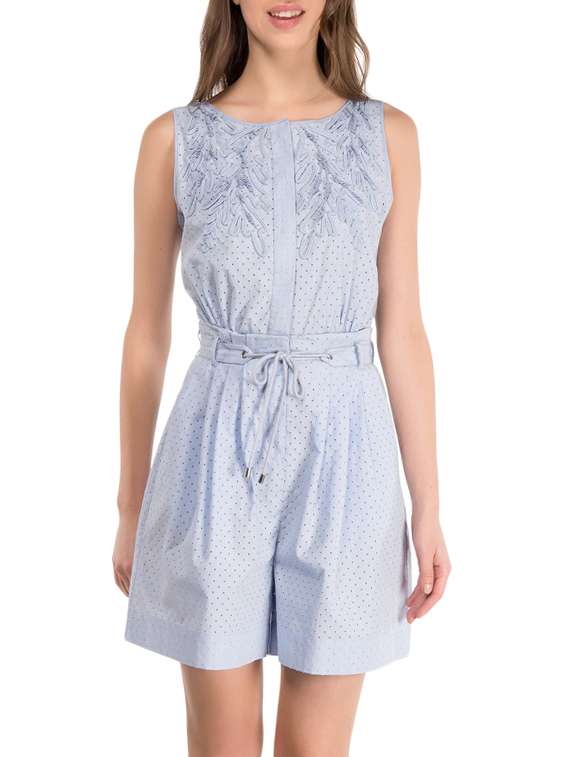 blue polka dotted cotton romper