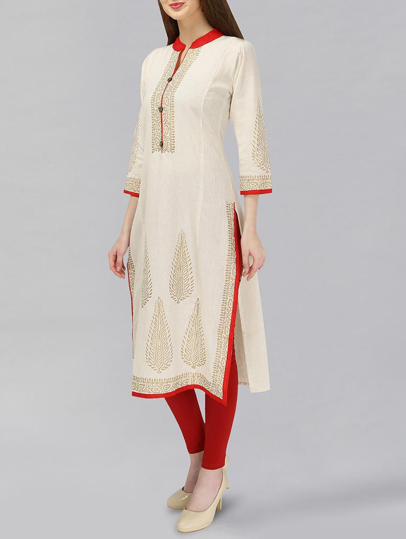 cream cotton solid straight kurta - 15148219 -  Standard Image - 1