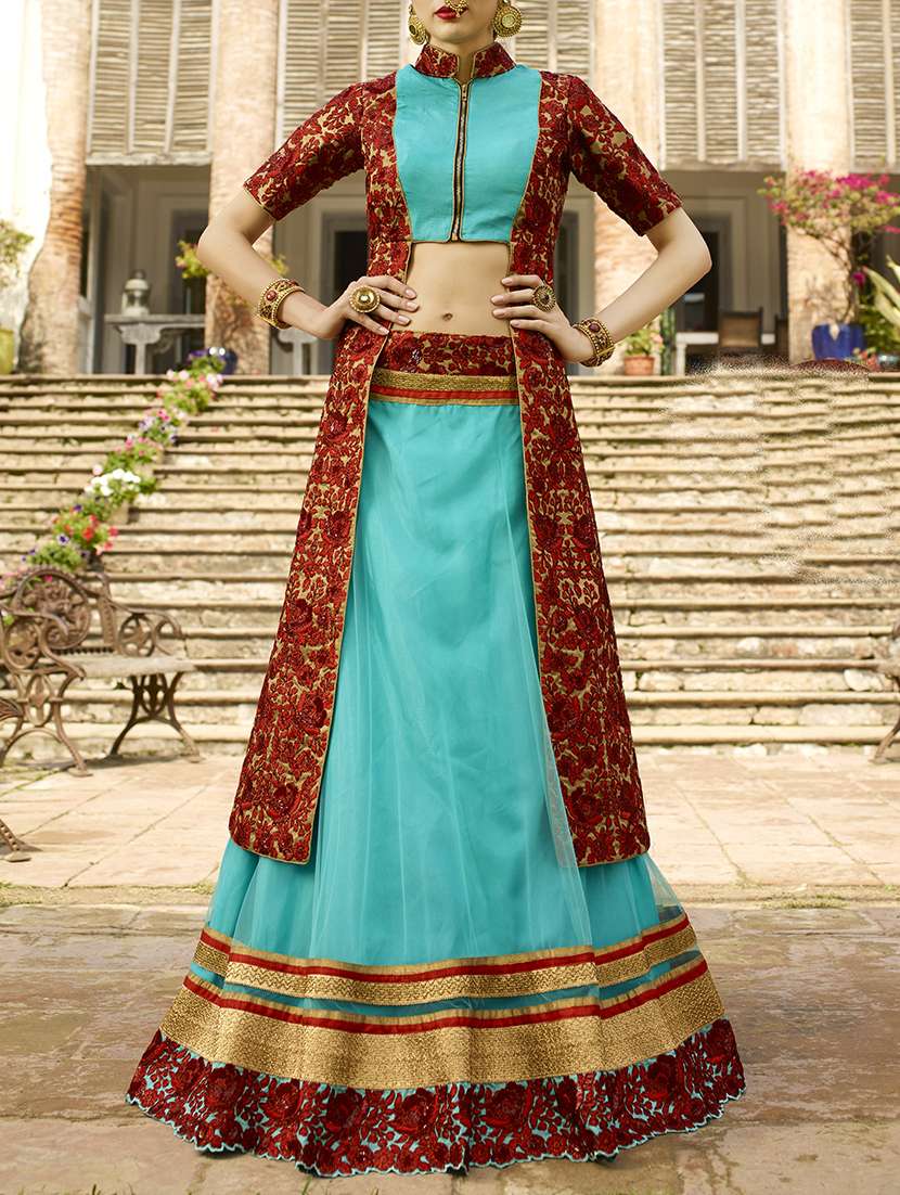 blue embroidered flared lehenga jacket