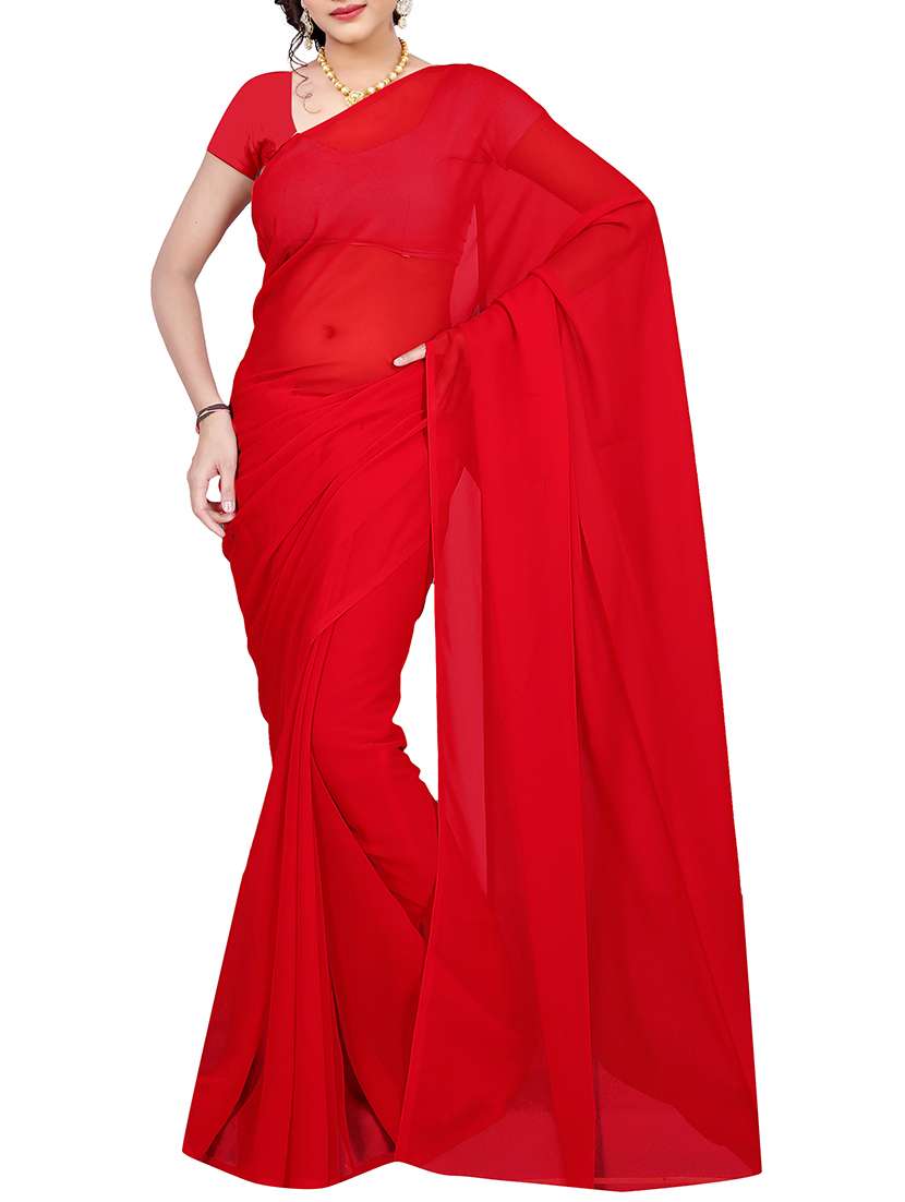 women's solid red colored saree with blouse