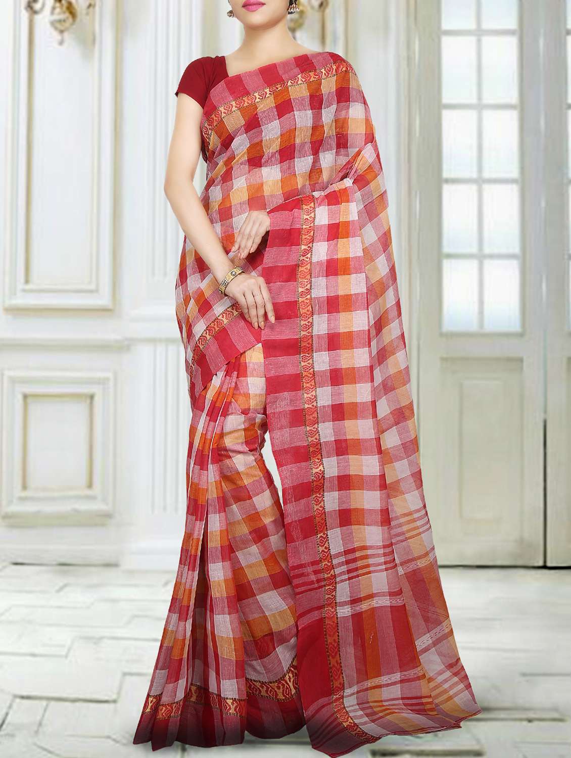 red cotton tant saree