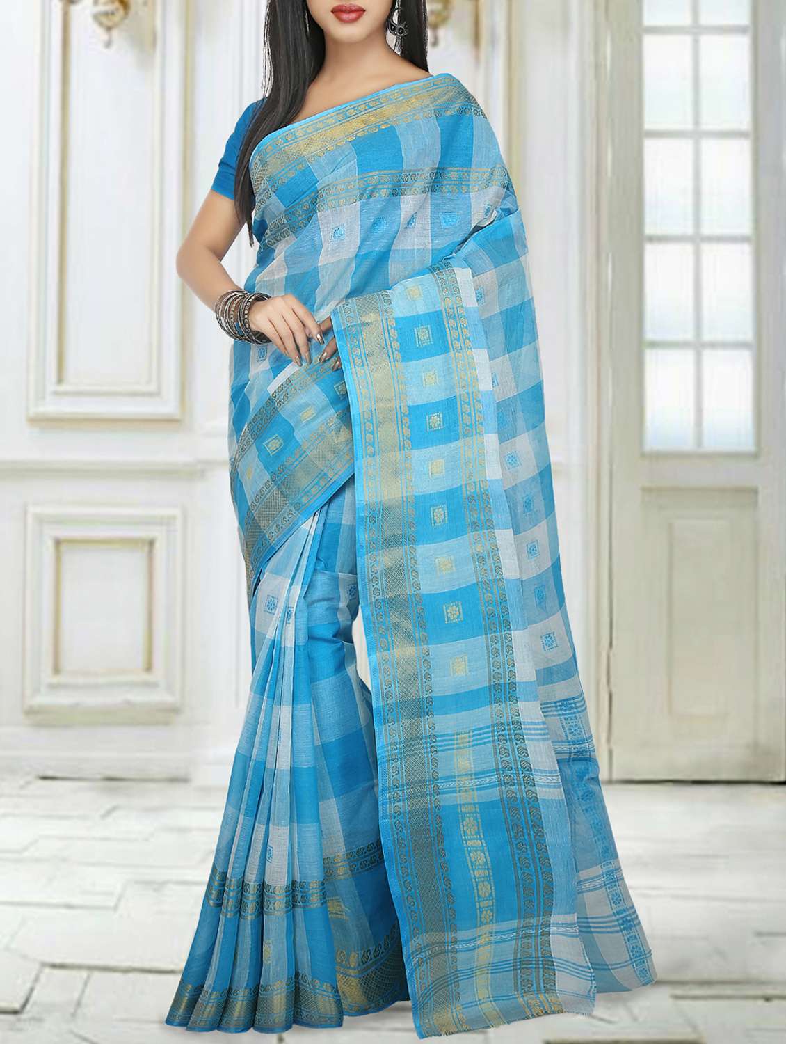 sky blue cotton tant saree