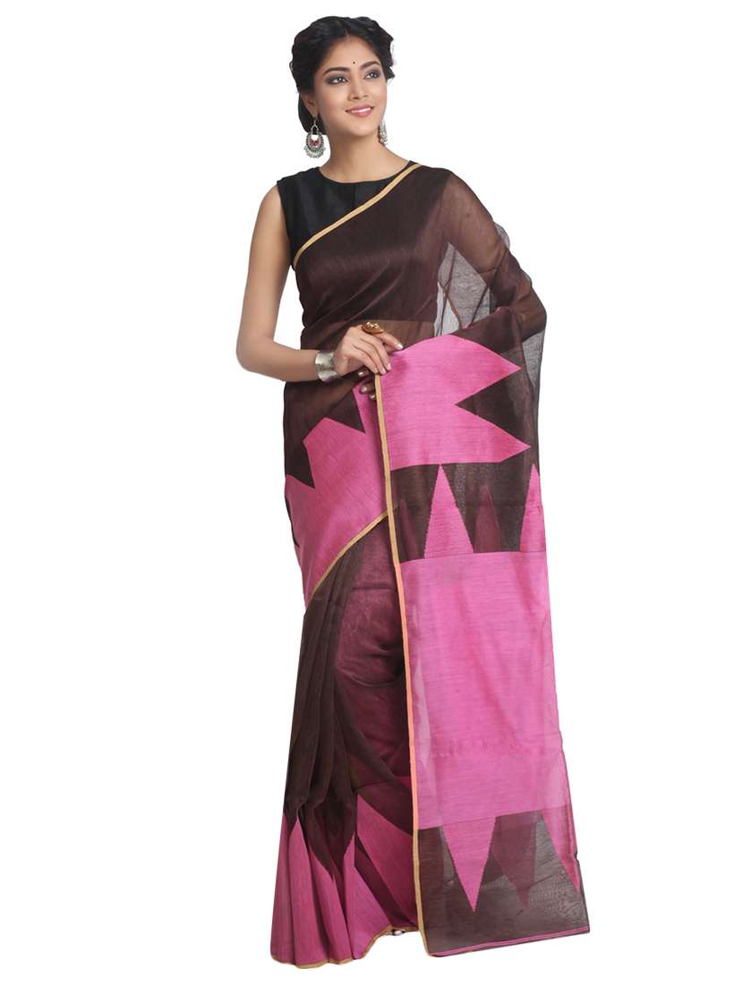 pinkloom brown linen silk saree with blouse