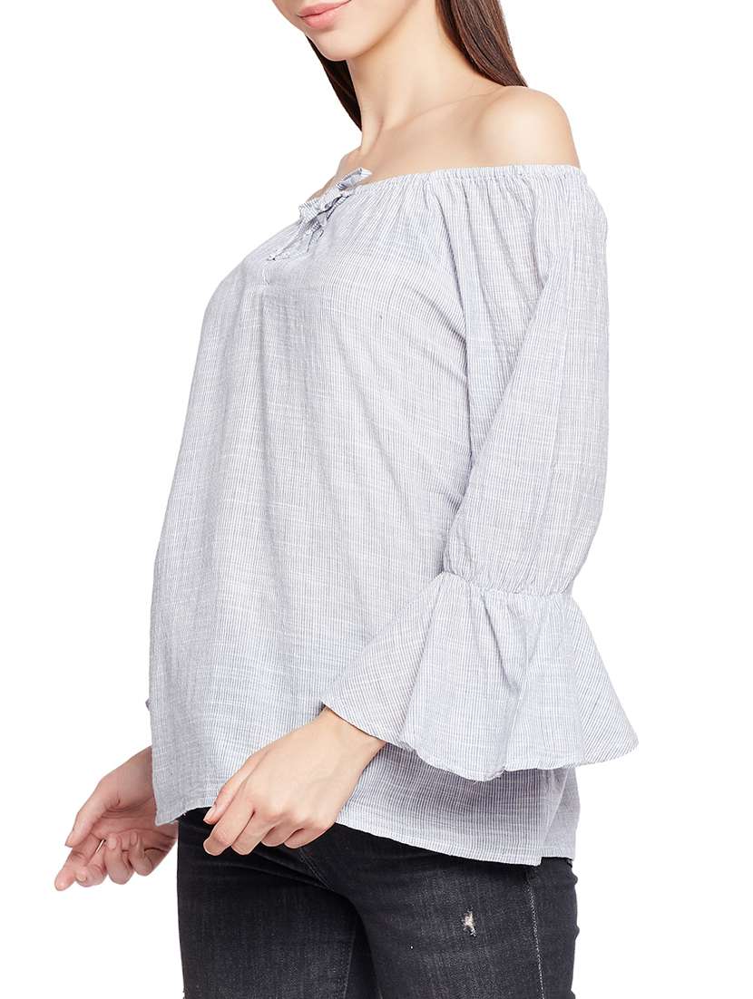 striped off shoulder bell sleeved top - 15165890 -  Standard Image - 1