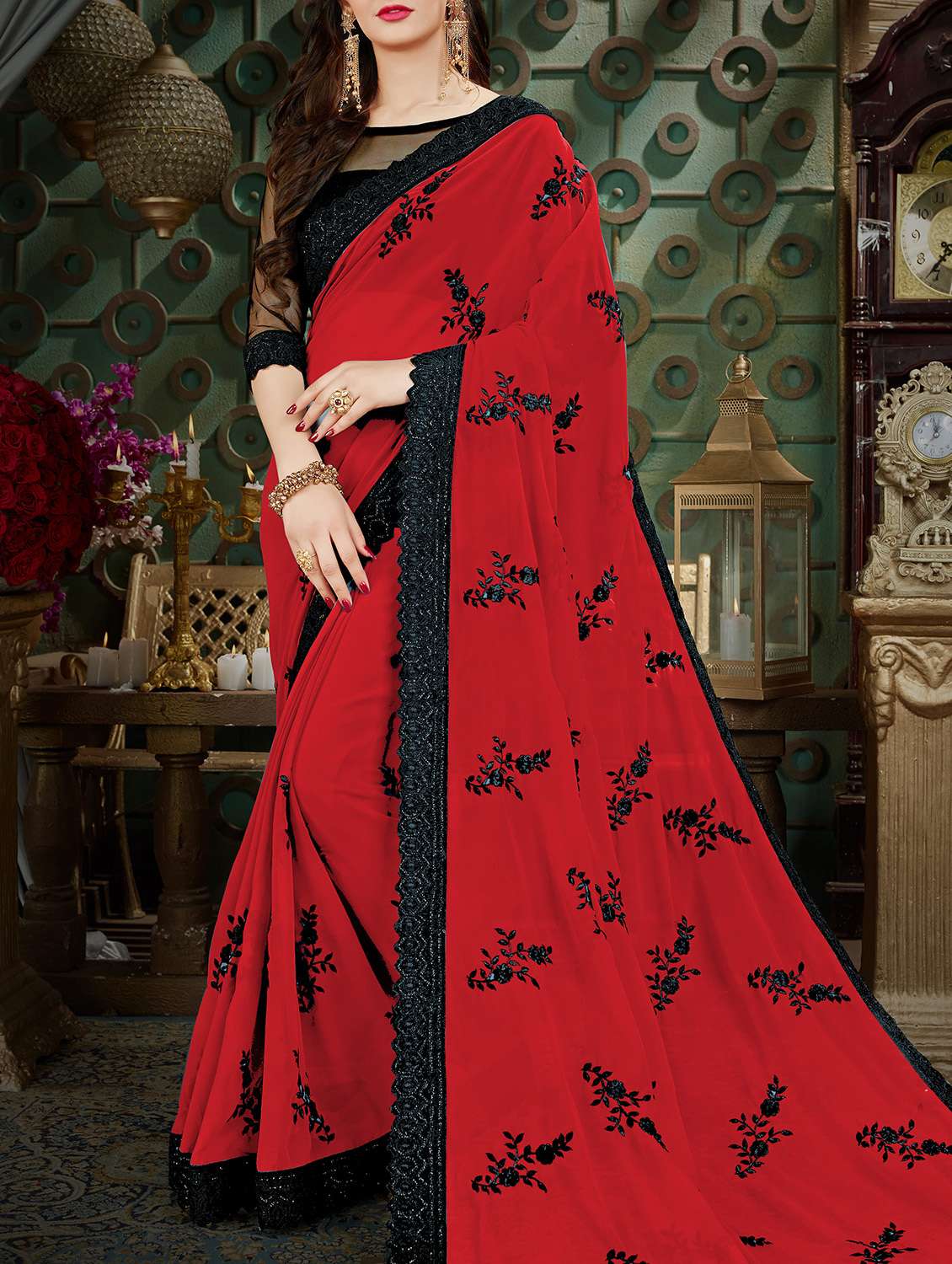 maroon georgette embroidered saree