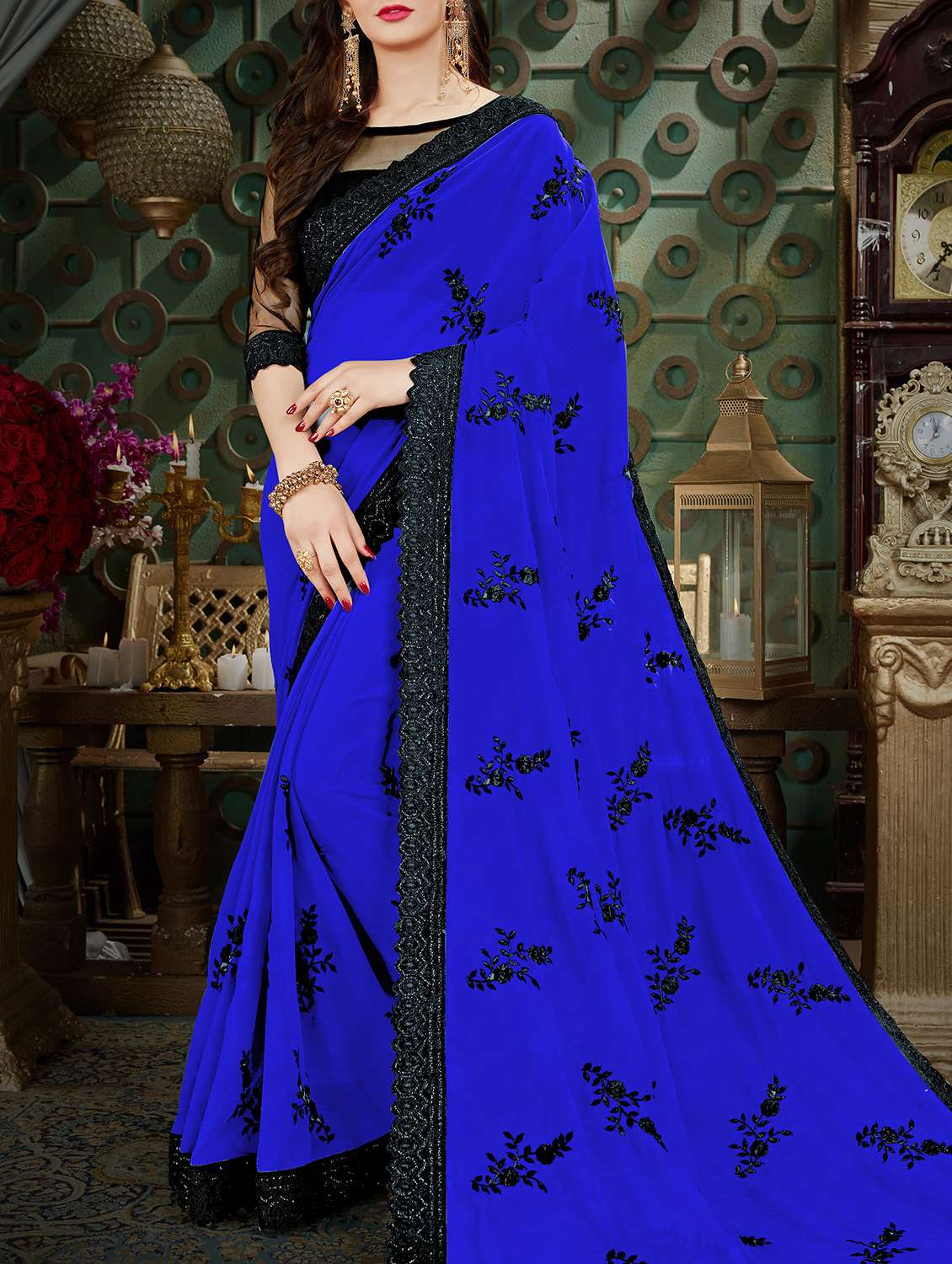 blue georgette embroidered saree