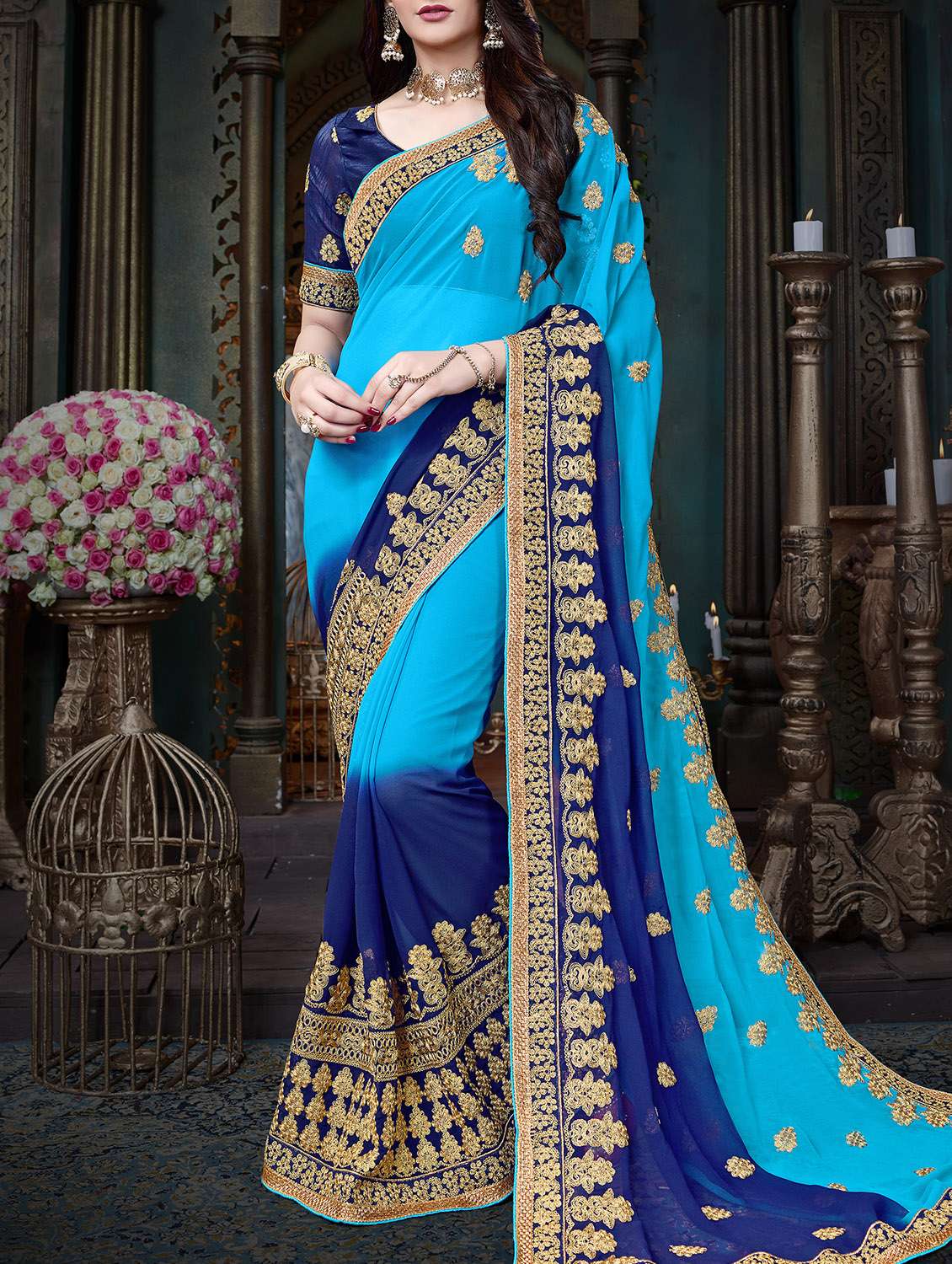 sky blue georgette embroidered saree with blouse