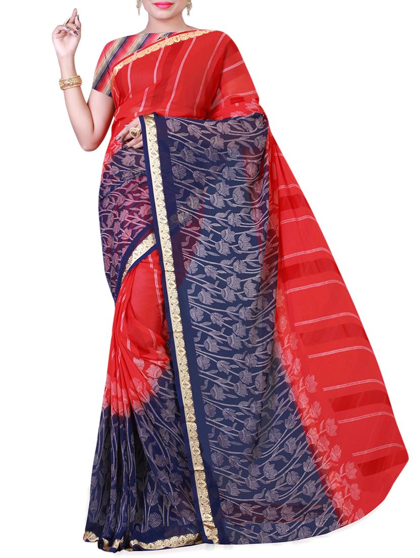 red georgette printed saree with blouse