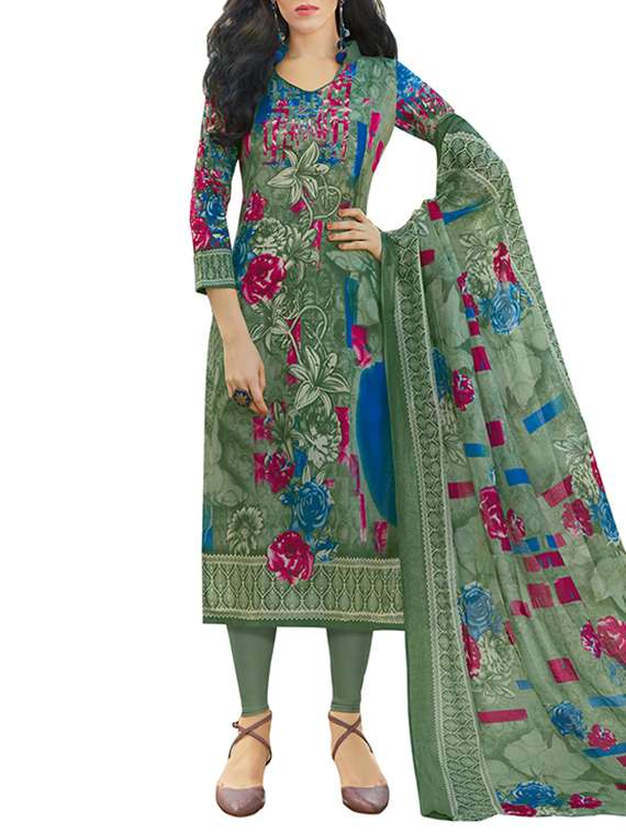 Green cotton unstitched churidaar suit