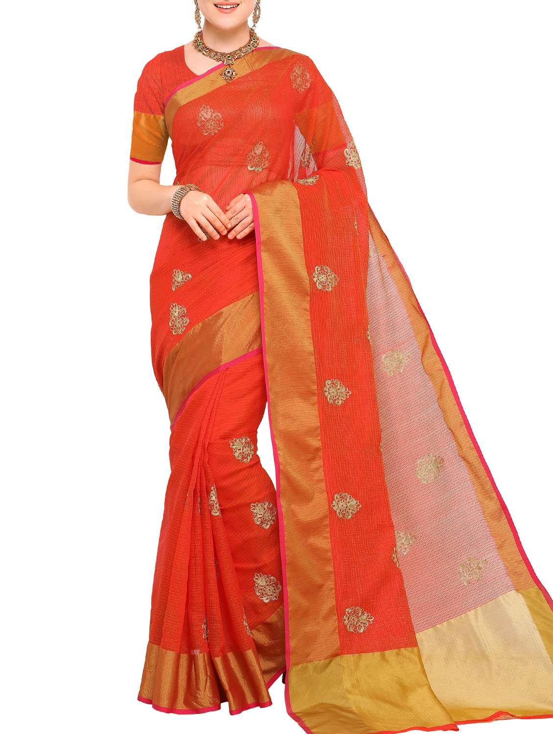 orange cotton embroidered saree with blouse
