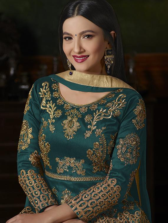 turquoise embroidered semi-stitched anarkali suit - 15173549 - Standard Image - 1