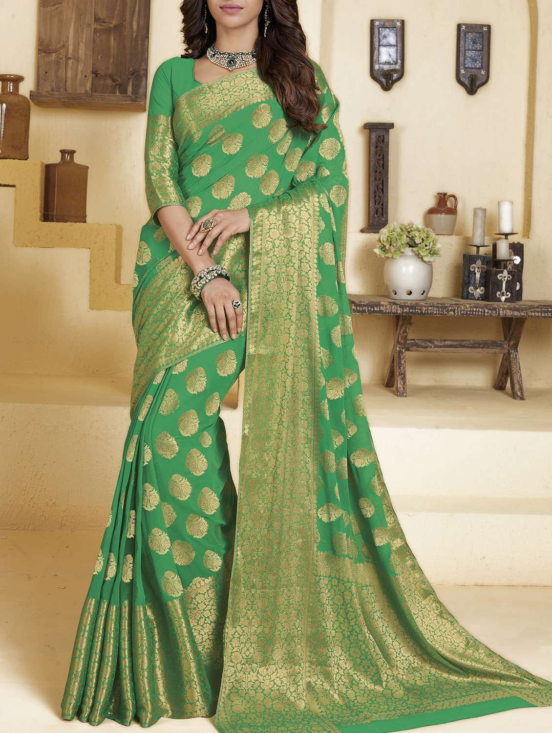 golden zari woven saree with blouse