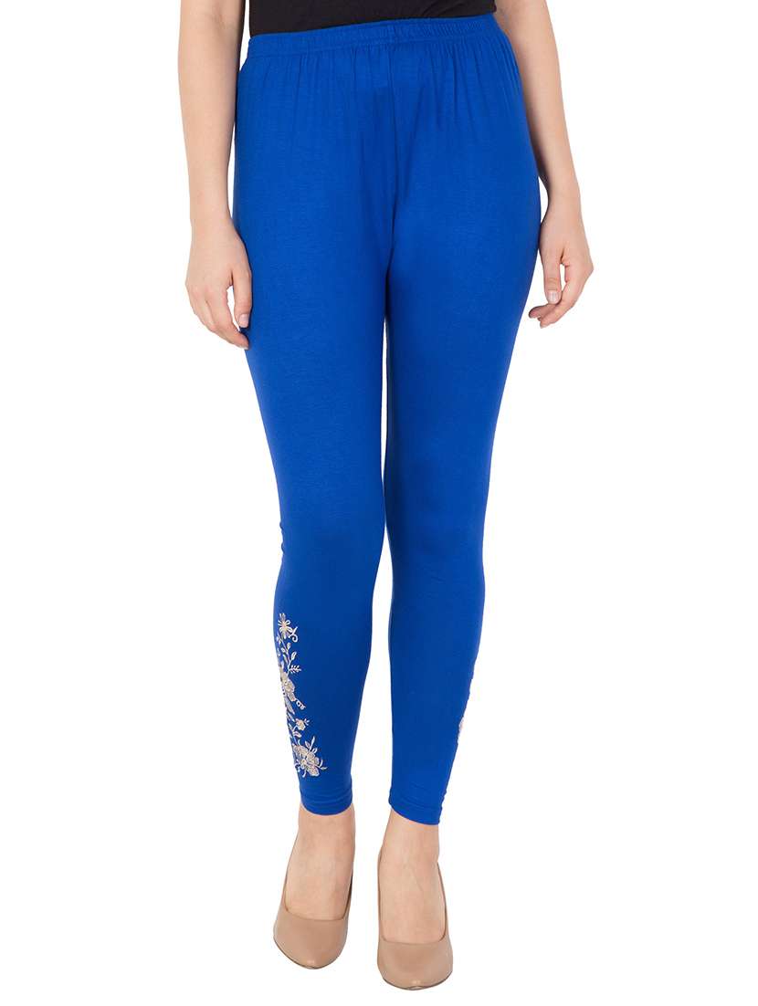 blue solid cotton embroidered leggings