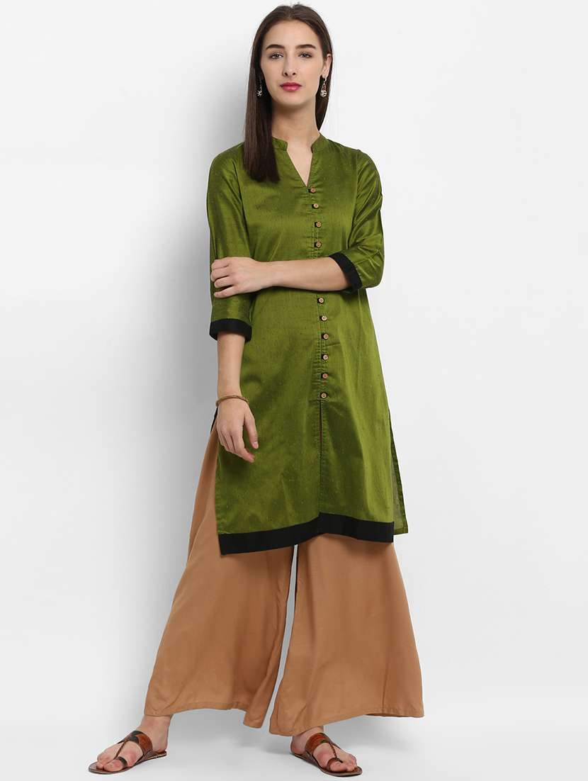 green cotton blend straight solid kurta
