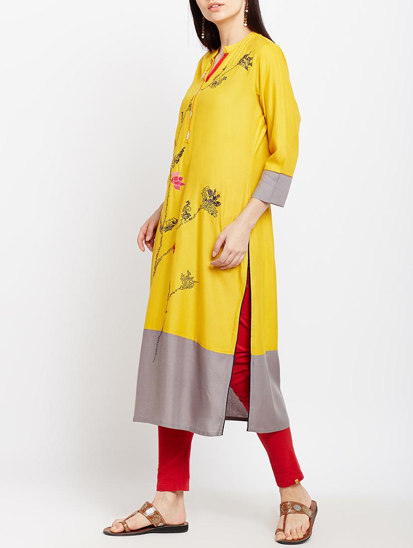 yellow viscose straight kurta - 15189590 - Standard Image - 1