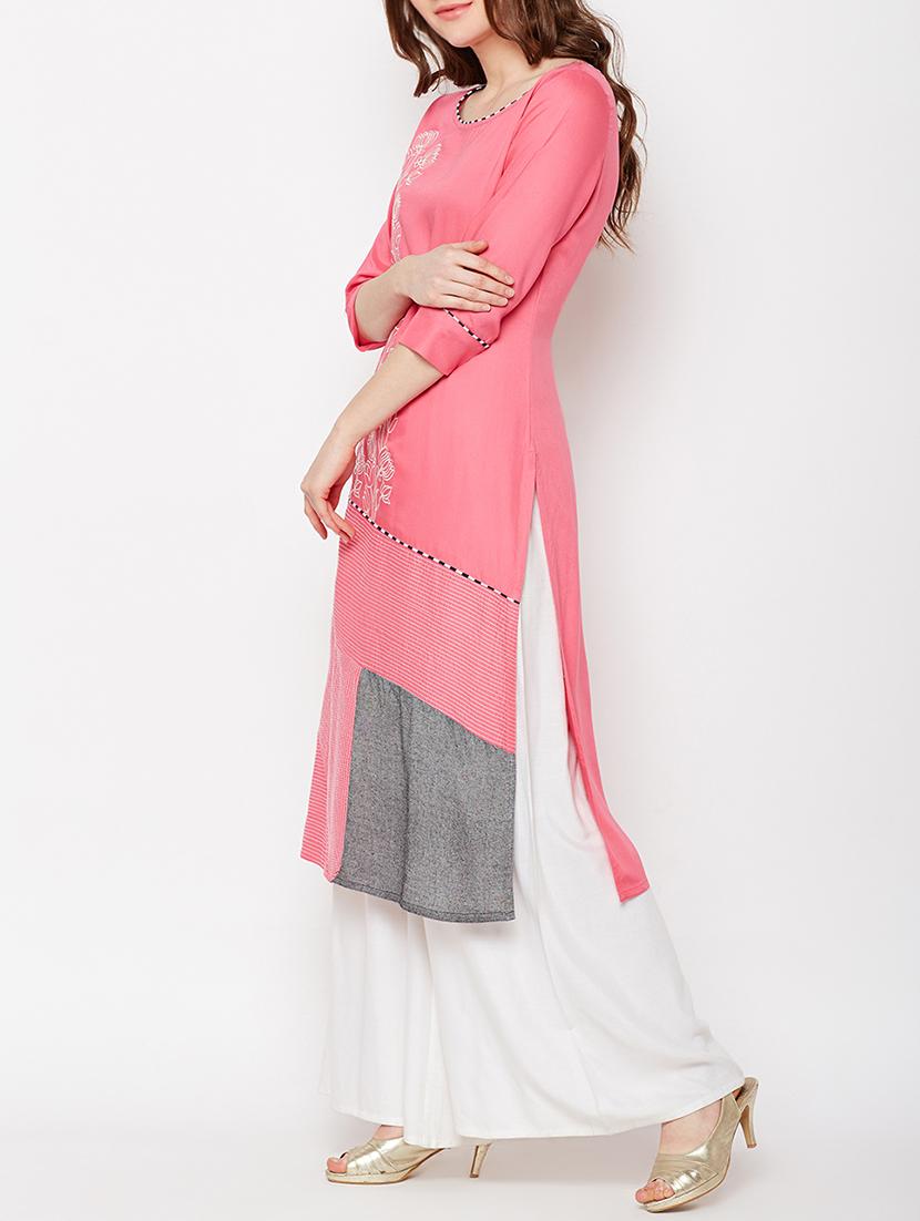 pink rayon straight kurta - 15189597 - Standard Image - 1