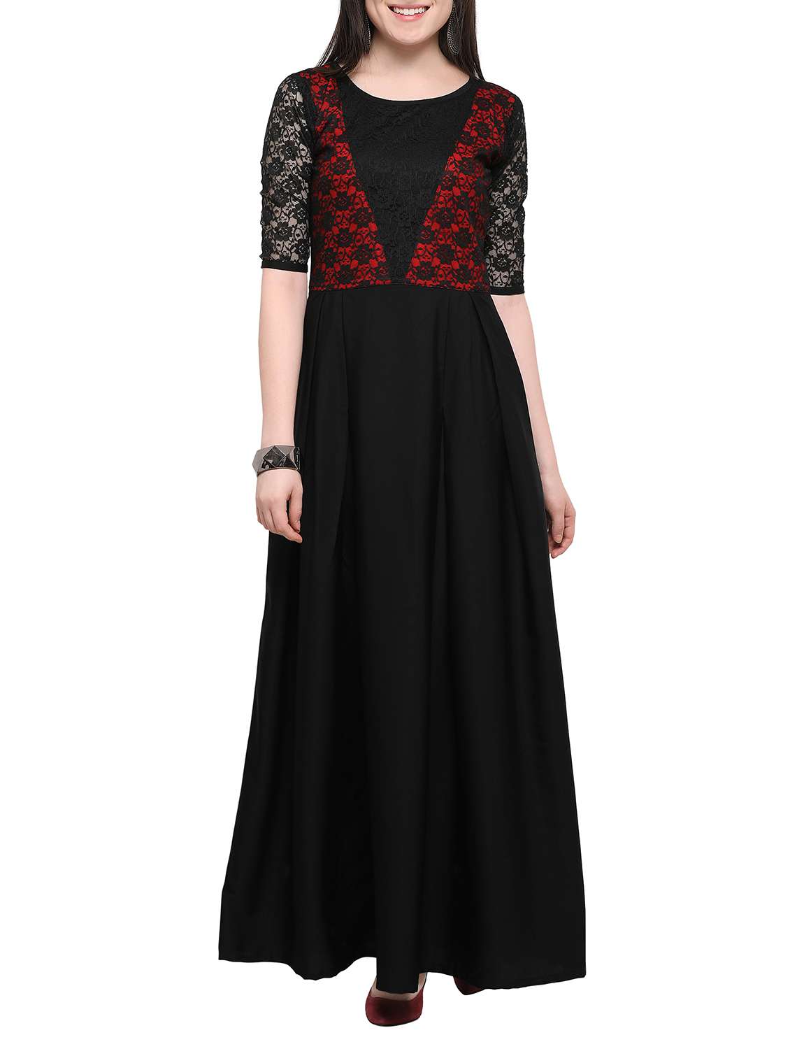 laced panel pleated maxi dress