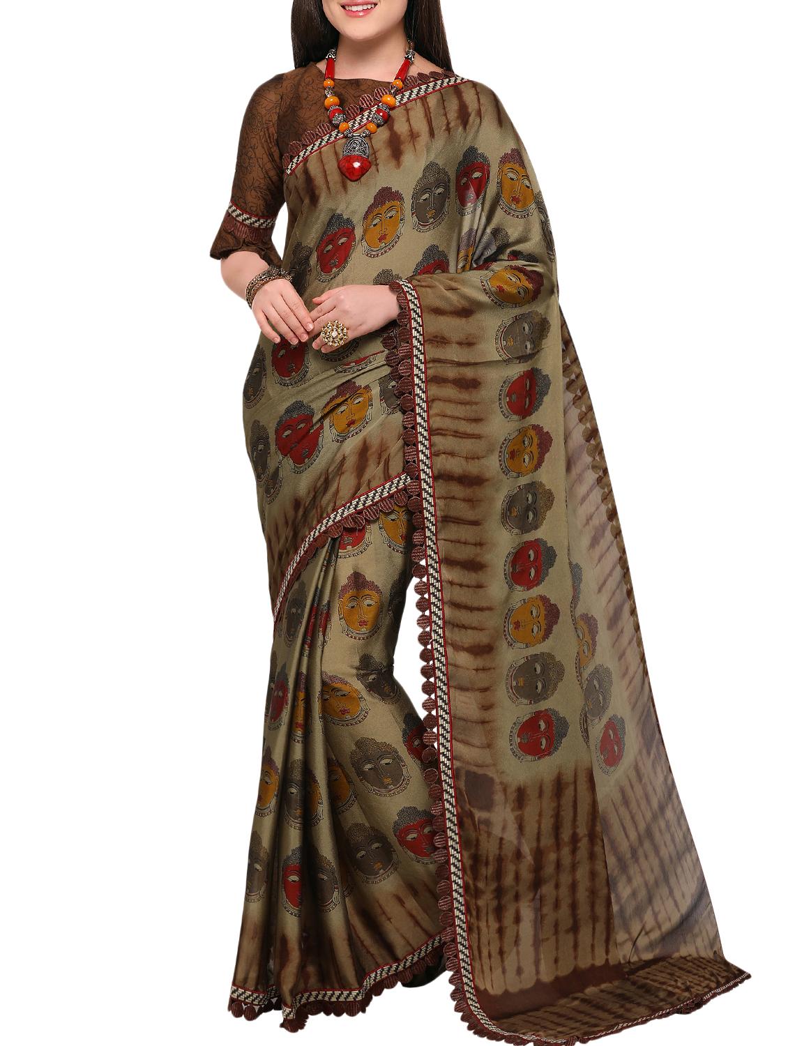 brown cotton silk printed saree with blouse