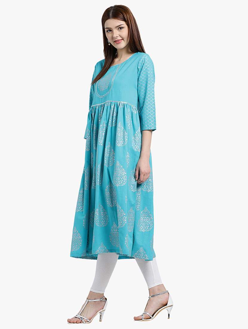 turquoise cotton flared kurta - 15195196 - Standard Image - 1