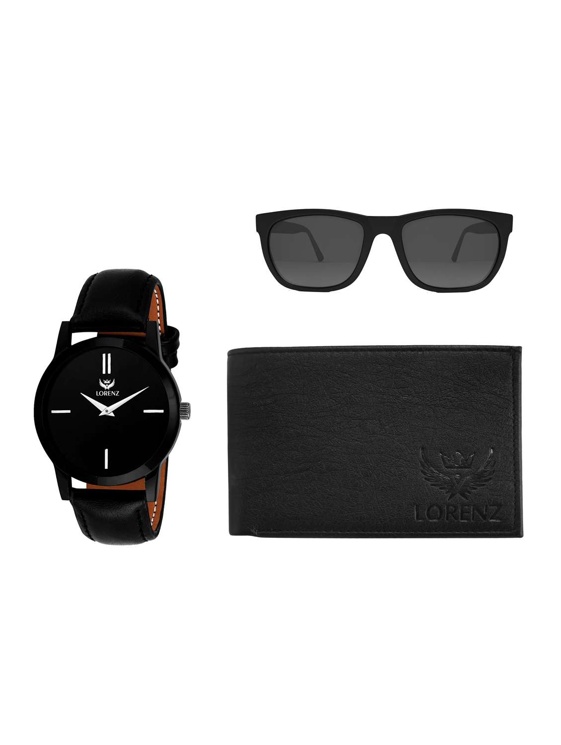 set of 3 round dial analog watch-(cm-103sn-wl-blk),wayfarer sunglasses and leatherette wallet