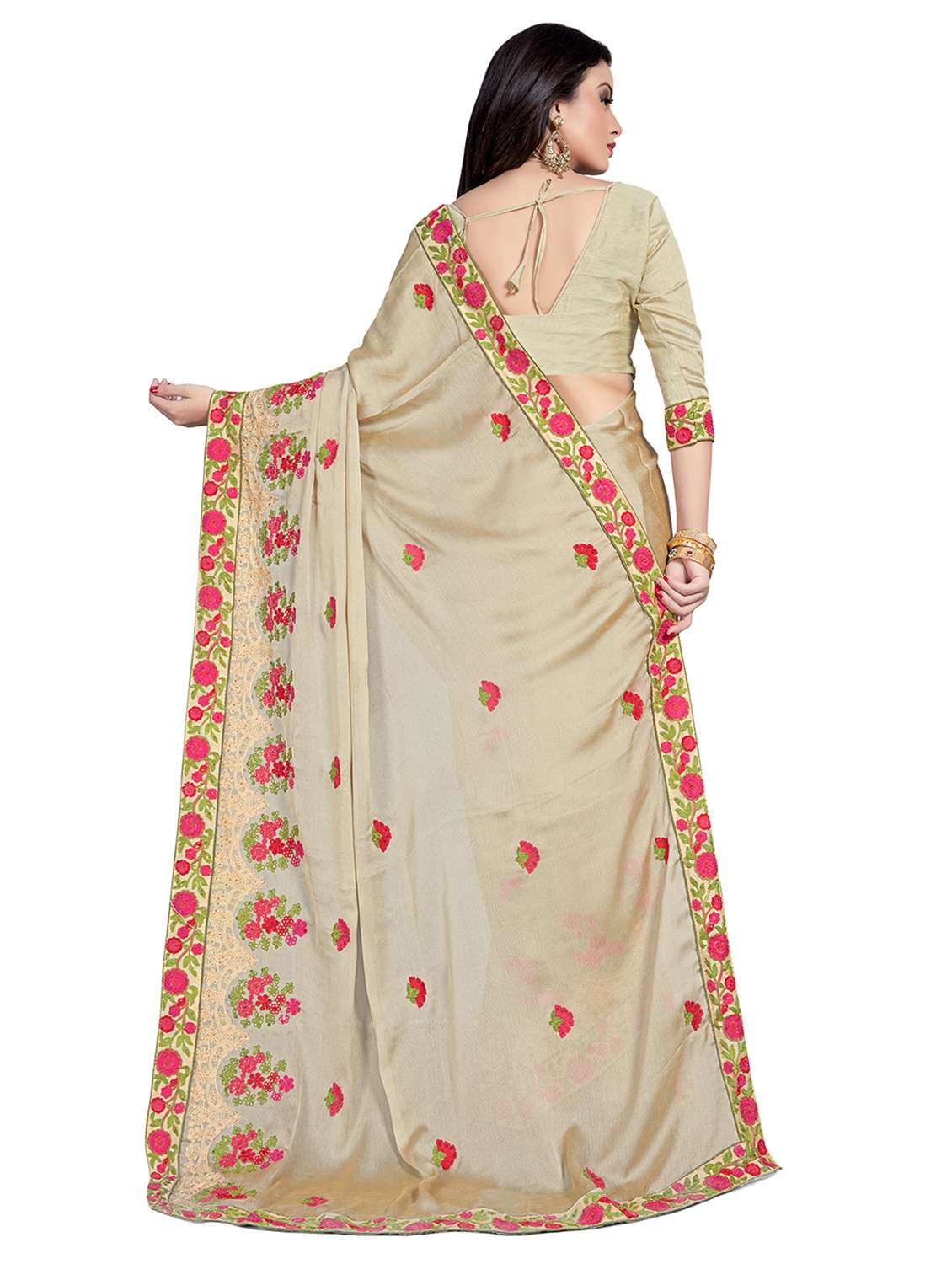 beige chiffon embroidered saree with blouse - 15200140 - Standard Image - 1