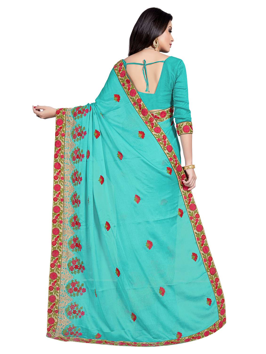 turquoise embroidered saree with blouse - 15200147 -  Standard Image - 1