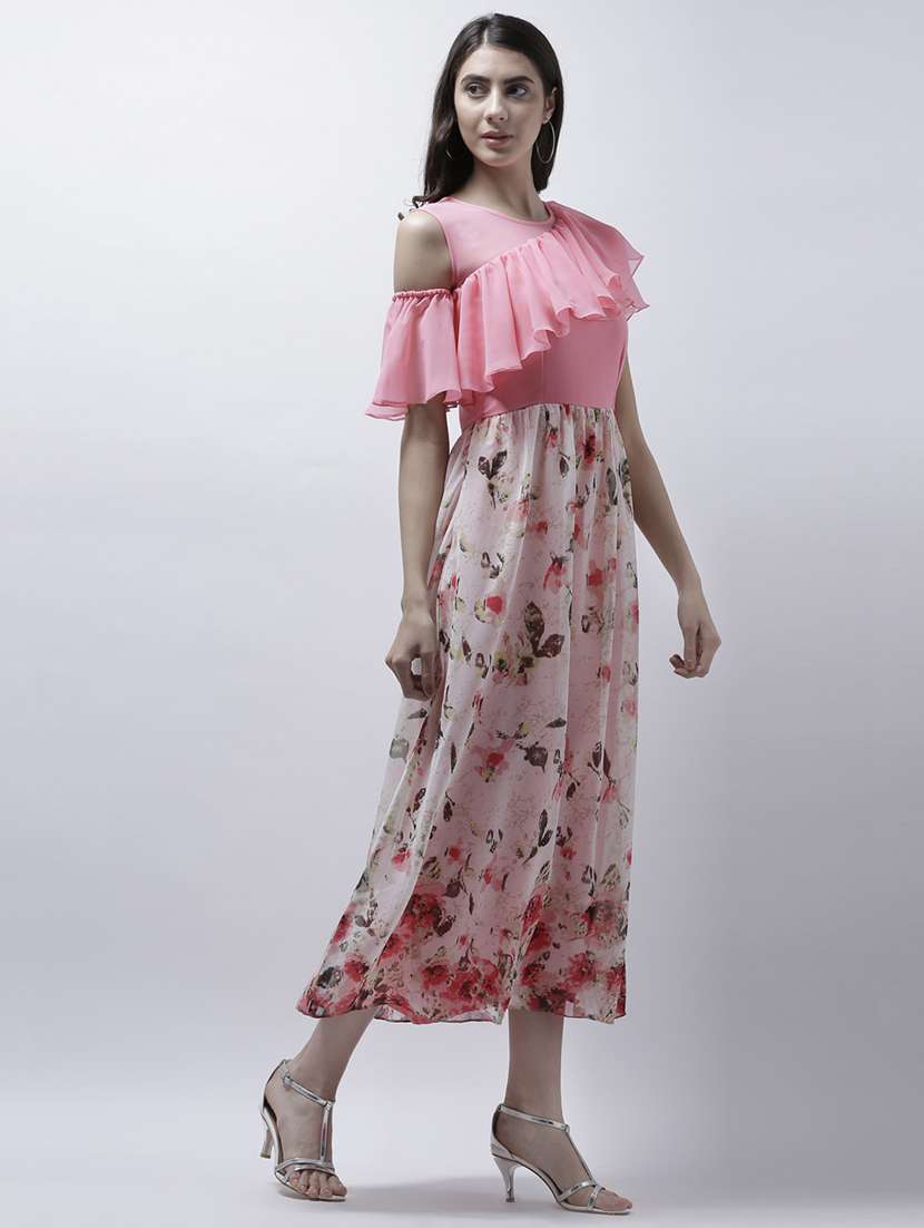 pink floral single cold shoulder ruffle dress - 15202554 -  Standard Image - 1