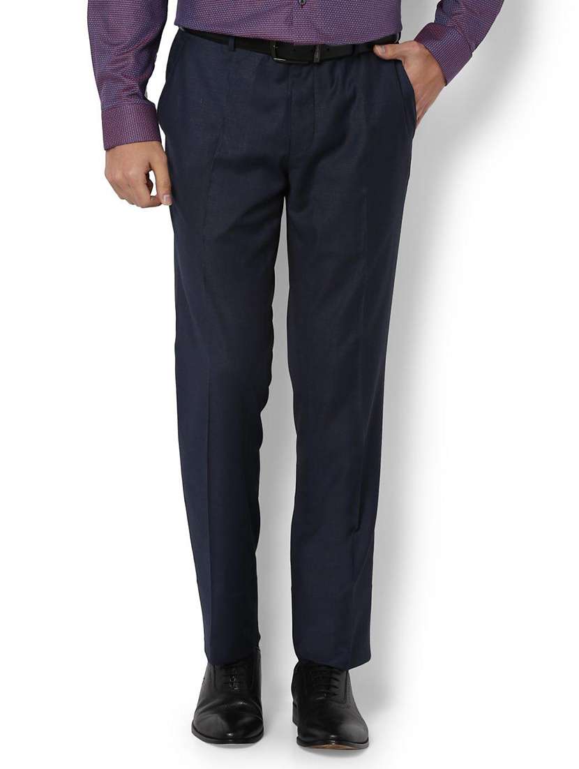 blue cotton blend flat front  formal trouser