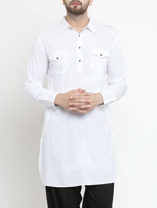 white solid pathani kurta - 15204756 -  Standard Image - 0