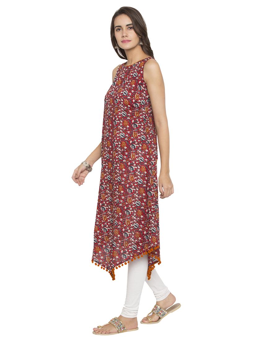 red cotton asymmetric kurta - 15205476 - Standard Image - 1