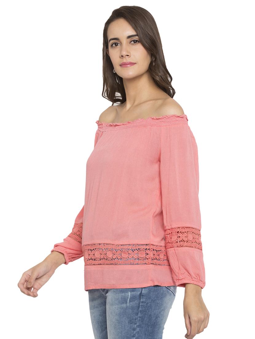 pink viscose solid off shoulder top - 15205514 - Standard Image - 1