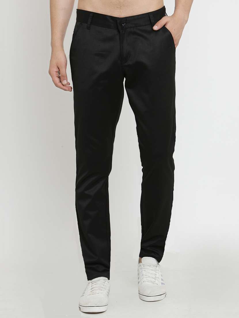 black cotton blend flat front casual trouser