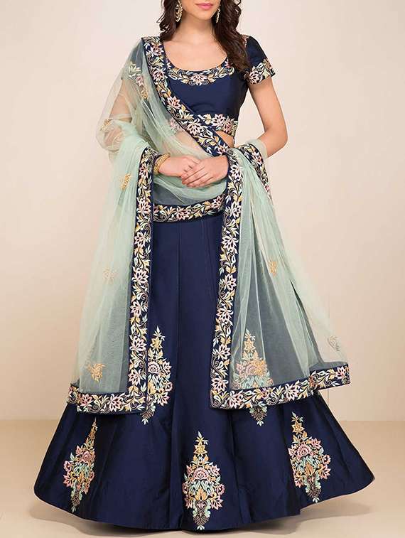 blue silk flared lehenga
