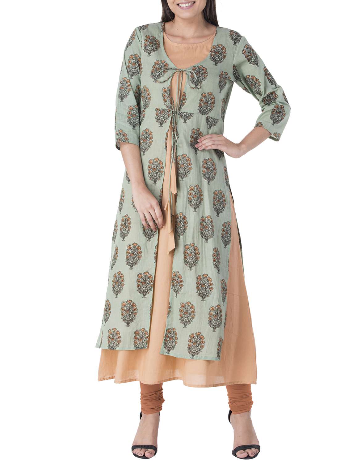 green cotton layered  kurta