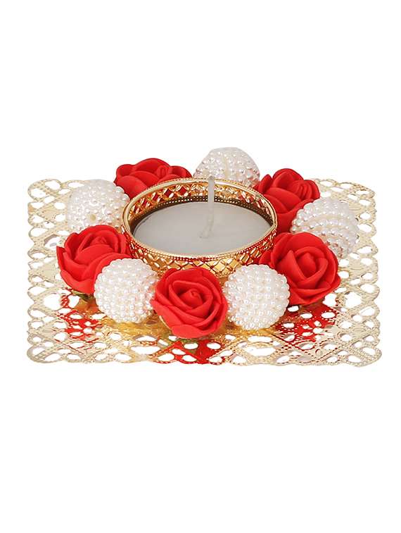red & white floral tea light candle holder