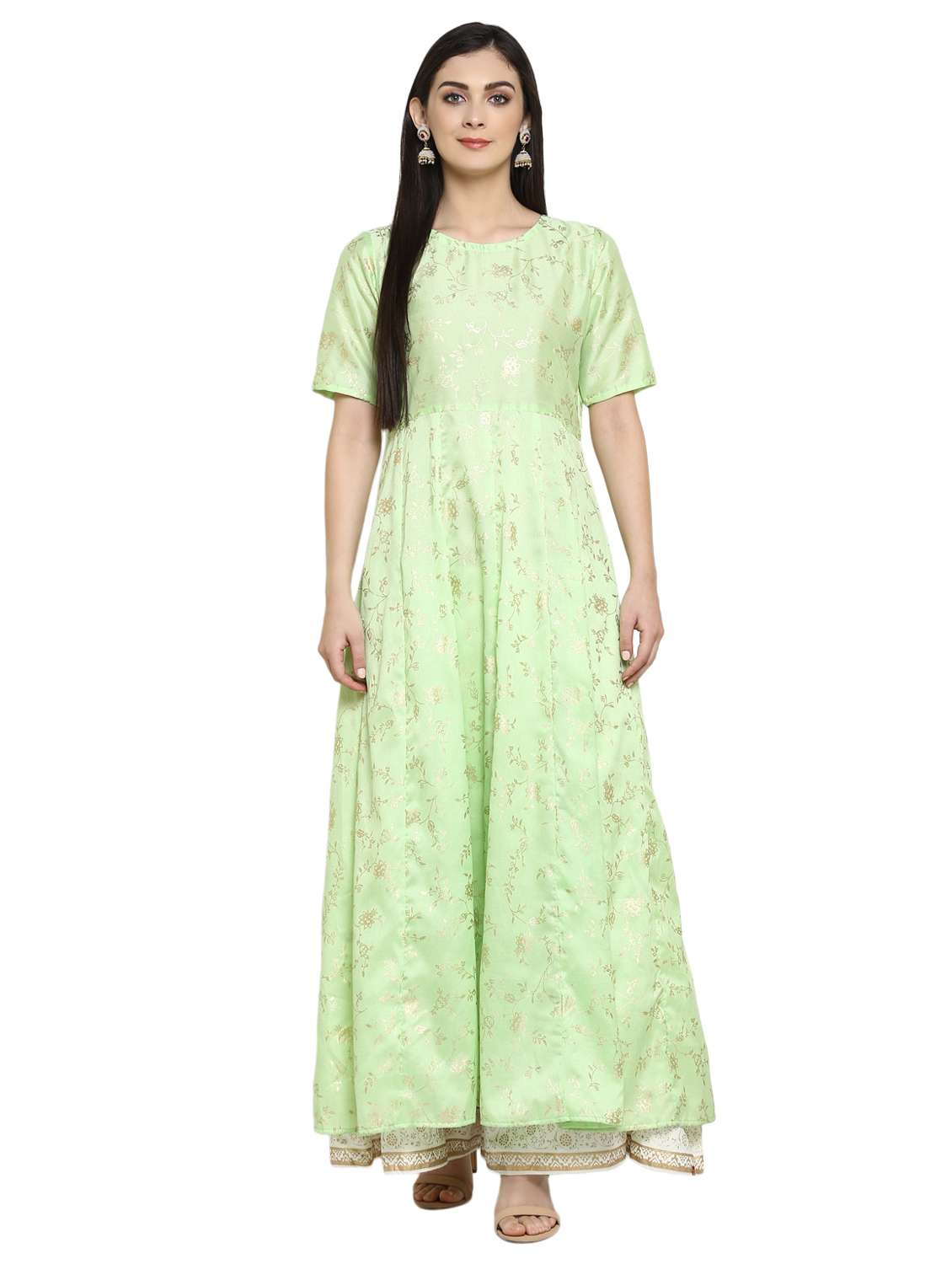 green raw silk anarkali kurta
