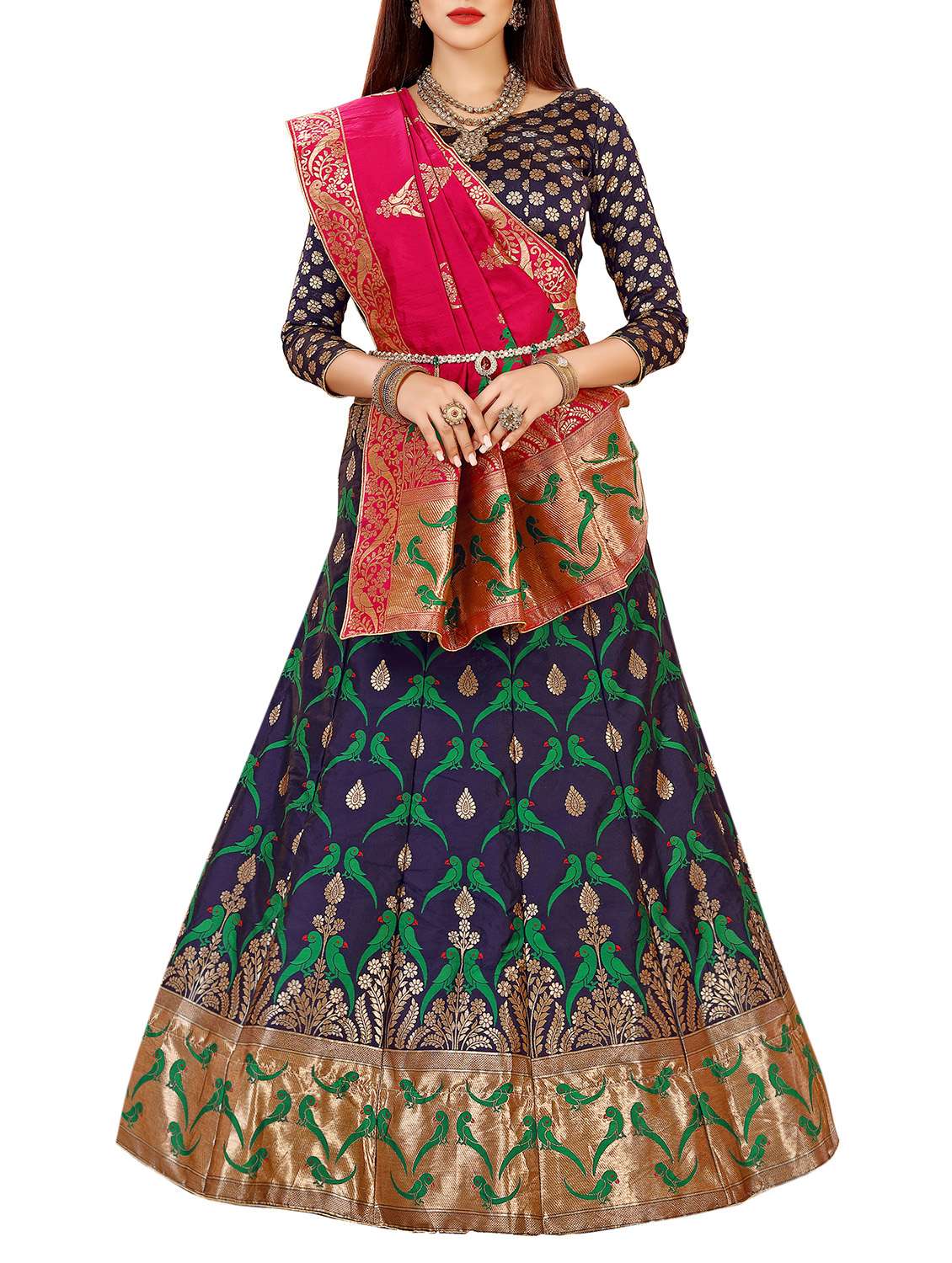 navy blue silk flared lehenga